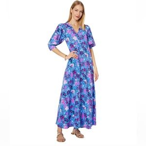 Lily Pulitzer Andrei Maxi  Dress Elbow Sleeve Boca Blue Birds Eye View, Size 10